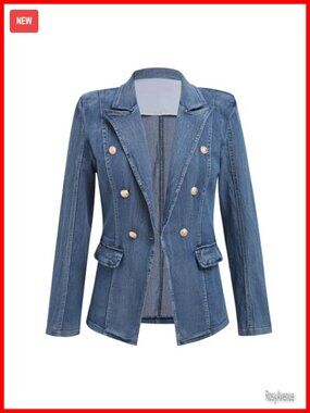 Women's Denim Blazer Notch Collar One Button Business Casual Work Jacket